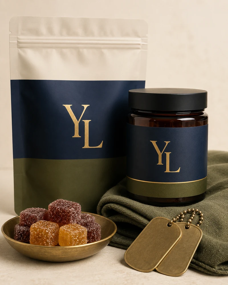 Yumz Lab wellness gummies with olive fabric and blank identification tags