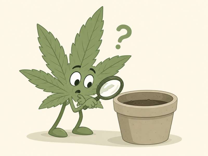 Confused cannabis leaf character looking at an empty pot