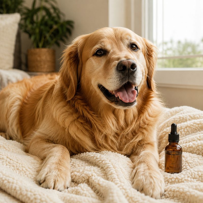 Dog with CBD oil bottle