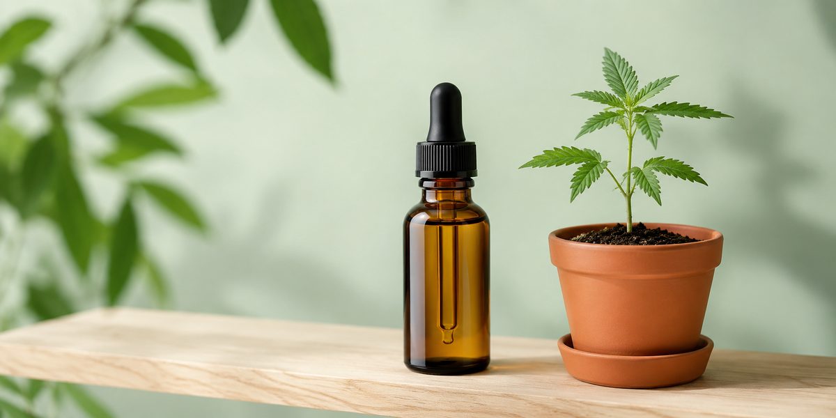 CBD oil bottle next to a cannabis seedling