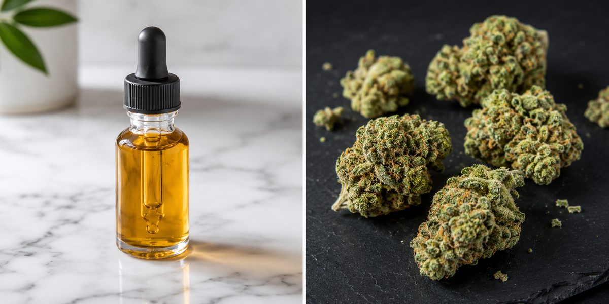 CBD oil and THC flower side by side