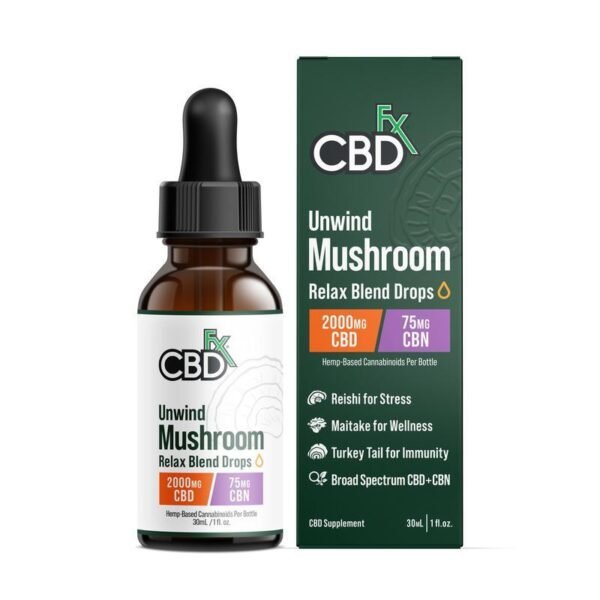 CBDfx, Unwind Mushroom + CBD Drops: CBN Relax Blend, Broad Spectrum THC-Free, 1fl oz, 75mg CBN + 2000mg CBD